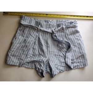 LOFT Women's Size M Blue Striped Paperbag Waist Linen Blend Shorts with Tie Belt